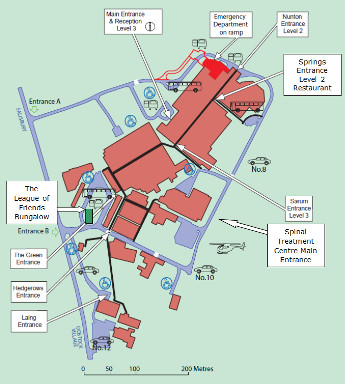 Map of Salisbury District Hospital, showing location of Spinal Centre.